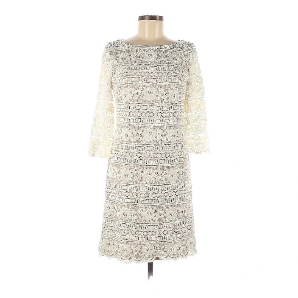 Eliza J Cream Lace Overlay 3/4 Sleeve Midi Shift Dress Size 6 - Picture 3 of 8